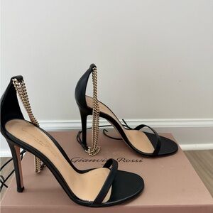 Gianvito Rossi Vitello Black High Heel Sandals with Gold Chain